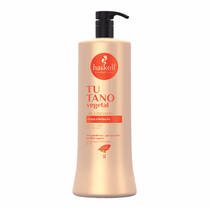 Condicionador Haskell. O frasco possui um rótulo circular laranja com o logotipo da marca Haskell. O produto é descrito como tendo "força e nutrição" e é indicado como sendo livre de parabenos e corantes, além de ser um produto vegano.