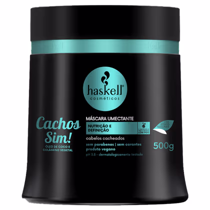 Máscara umectante da linha Cachos Sim! da marca Haskell Cosméticos. A embalagem é um pote preto com uma faixa verde-azulada e o logotipo da marca. O produto é indicado para cabelos cacheados e possui volume de 500g.
