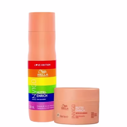 Shampoo Wella Professionals Nutri-Enrich em embalagem plástica laranja com detalhes coloridos de 250ml e pote redondo laranja de 150ml com a descrição Máscara de Nutrição Profunda para tratamento capilar.