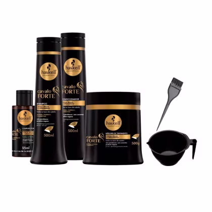Kit Haskell Cavalo Forte com shampoo e condicionador com 500ml cada, máscara capilar com 500g, tratamento fortalecedor com 35ml, cumbuca e pincel.