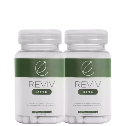 Dois frascos de cápsulas de suplemento alimentar Reviv ame, com 60 cápsulas de 500mg cada, em embalagem branca com detalhes verdes e logotipo da marca.