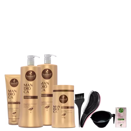 Kit com shampoo, condicionador, máscara e leave-in Mandioca da marca Haskell. Acompanha combo com pincel, escova mágica, pote e máscara Ora Pro Nobis em tamanho mini.