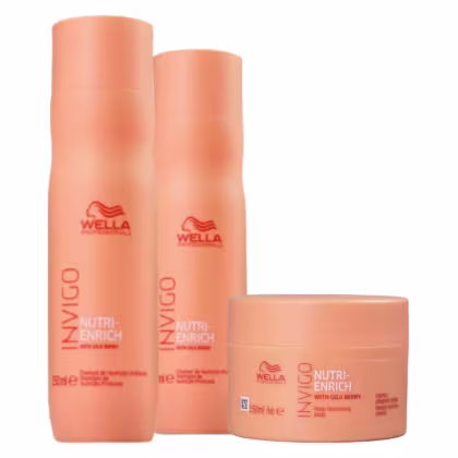 Kit com dois shampoos e uma máscara da linha Invigo Nutri-Enrich da marca Wella Professionals.