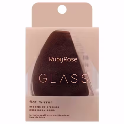 Esponja de precisão para maquiagem da marca Ruby Rose, chamada "Glass". A esponja em si é de cor marrom escura, com um formato cônico e textura macia.