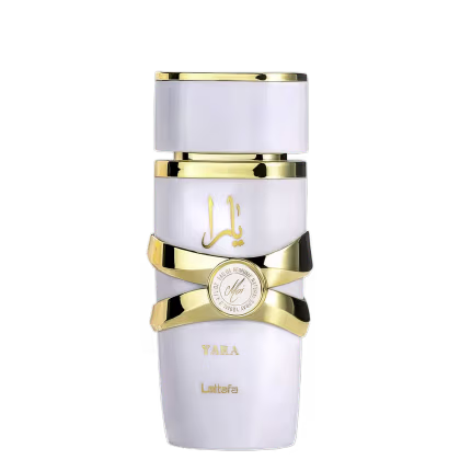 Frasco de perfume branco e dourado da marca Lattafa, com rótulo dourado exibindo o nome "Yara". O frasco possui uma tampa dourada e uma faixa dourada em torno da embalagem.