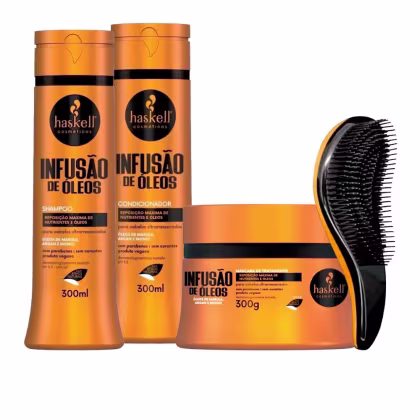 Kit com shampoo, condicionador e máscara da linha Infusão de Óleos da marca Haskell. Acompanha escova mágica.