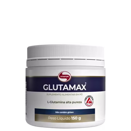 O produto é um suplemento alimentar em pó da marca Vitafor chamado Glutamax, contendo L-glutamina de alta pureza. A embalagem é um pote branco com rótulo azul e dourado, pesando 150 gramas.