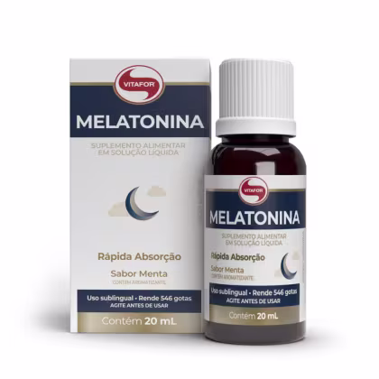 Suplemento alimentar em solução líquida de melatonina da marca Vitafor, em frasco de 20 ml com rótulo em azul e vermelho, contendo informações sobre a rápida absorção e sabor de menta.