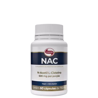 Suplemento alimentar em cápsulas da marca Vitafor, contendo 600 mg de N-Acetil L-Cisteína por porção. Embalagem branca com detalhes em azul e dourado, com informações sobre o produto e sua composição.