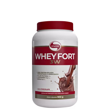 Frasco branco com tampa vermelha da marca Vitafor, contendo "Whey Fort 3W" - um suplemento de proteína de soro de leite isolado, concentrado e hidrolisado, com sabor de chocolate.