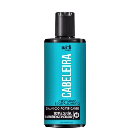 Frasco de shampoo fortificante da marca Widi Care, com rótulo em tons de azul e preto, contendo informações sobre os ingredientes biotina, cafeína, aminoácidos e prorarin.