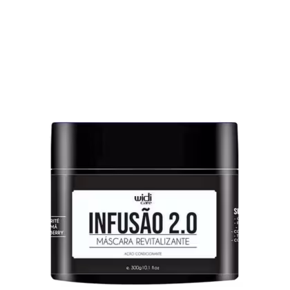 Embalagem preta de máscara revitalizante Infusão 2.0 da marca Widi Care, com rótulo branco destacando o nome do produto e sua função condicionante.