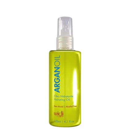 Frasco de óleo hidratante Argan Oil da marca Widi Care, com 120ml de capacidade. O produto apresenta embalagem de cor amarelo-limão com rótulo destacando o nome "Argan Oil" e informações sobre ser livre de álcool.