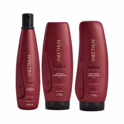 A imagem mostra um kit com produtos da linha Aneethun Force. Sendo um shampoo com frasco cilíndrico e dois frascos sendo uma máscara e um finalizador capilar. Todos possuem a embalagem na cor vermelha.