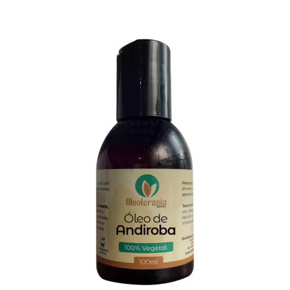 O produto apresentado é um óleo de Andiroba da marca Oleoterapia Brasil, "100% Vegetal" e o volume de 100ml.