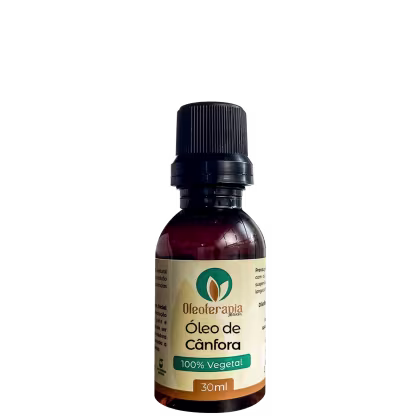 O produto apresentado é um óleo de cânfora da marca Oleoterapia Brasil, "100% Vegetal" e o volume de 30ml.