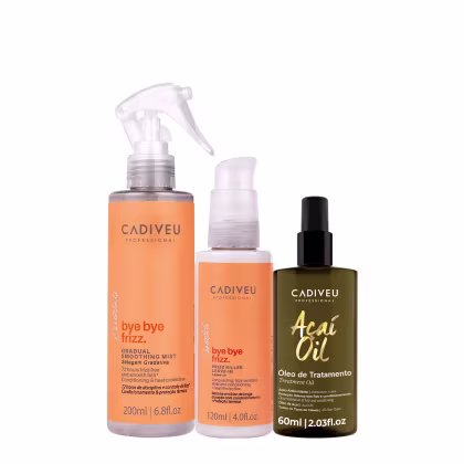 Três produtos da marca Cadiveu Professional: leave-in Bye Bye Frizz Selagem Gradativa, Bye Bye Frizz Killer e Açaí Oil
