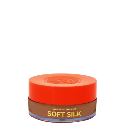 Pó solto facial com tampa laranja da marca Mari Maria Makeup, com rótulo destacando o nome "Soft Silk".