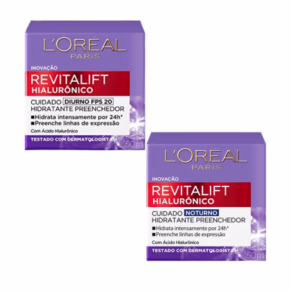 Imagem do produto Kit Hidratante Facial Antissinais Revitalift Hialurônico Loreal Paris NOTURNO + DIURNO 20 FPS