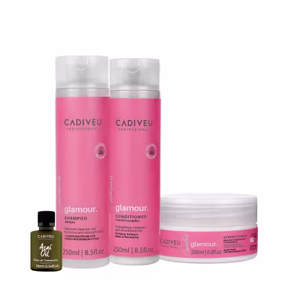 Imagem do produto Kit Cadiveu Profissional Essentials Glamour Shampoo Condicionador Máscara e Açaí Oil P (4 produtos)