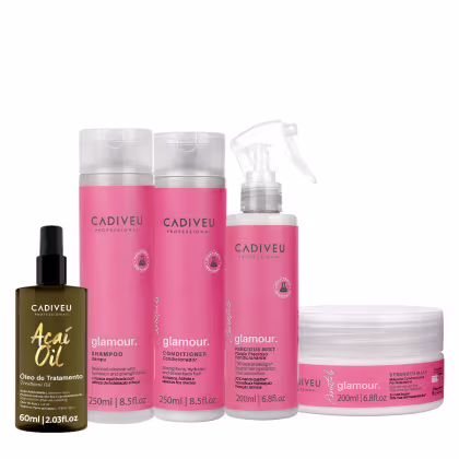 Imagem do produto Kit Cadiveu Profissional Essentials Glamour Shampoo Condicionador Máscara Fluído e Açaí Oil 60 (5 produtos)