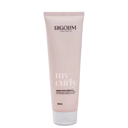 Tubo de creme para pentear da linha "My Curly" da marca Rigolim Hair & Co., com embalagem de cor clara e rótulo com o nome do produto em destaque.