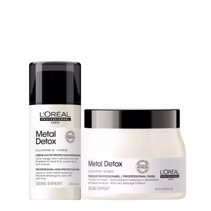 Dois produtos de tratamento capilar da linha Metal Detox da L'Oréal Professionnel. Um é um creme contendo glucoamina e ionene, com a função de proteção anti-frizz e prevenção de danos. O outro produto é uma máscara capilar.