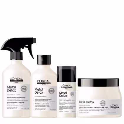 Linha de produtos de cuidados capilares da marca L'Oréal Professionnel, chamada Metal Detox. Os produtos incluem um pré-tratamento, um shampoo, um creme de alta proteção e uma máscara. Todas as embalagens exibem o nome "Metal Detox".