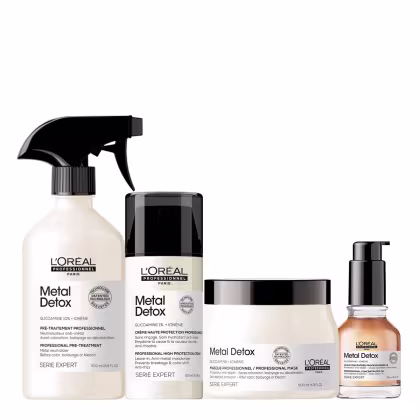 Linha de produtos de cuidados capilares da marca L'Oréal Professionnel, chamada Metal Detox. Os produtos incluem um pré-tratamento, um creme de alta proteção, um sérum e uma máscara. Todas as embalagens exibem o nome "Metal Detox".