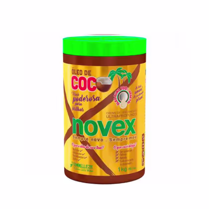 A imagem mostra o Creme de Tratamento Novex Óleo de Coco 1kg, da marca Embelleze. A embalagem traz tons de marrom e dourado, além de ilustração de coco. O rótulo destaca que é um "Creme de Tratamento Ultraprofundo" e nutritivo.