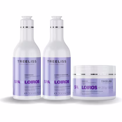 Produtos de cuidado capilar TreeLiss Profissional da linha Spa dos Loiros. Dois frascos de 300ml contendo shampoo e condicionador. Um pote de 250g com máscara capilar da mesma linha.