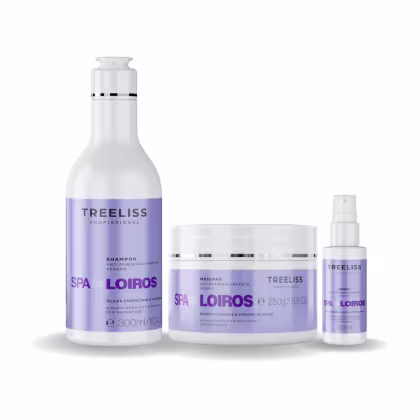 Produtos de tratamento capilar TreeLiss Profissional da linha Spa Loiros. Shampoo em frasco de 300ml. Máscara em pote de 250g e Spray em frasco pequeno de 60ml, com rótulo roxo e nome do produto.