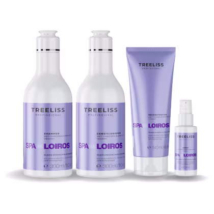 Produtos de cuidados capilares TreeLiss Profissional da linha Spa dos Loiros. Inclui shampoo e condicionador veganos em frascos de 300ml. Também há um reconstrutor capilar de 140ml e um leave-in em frasco de 60ml.