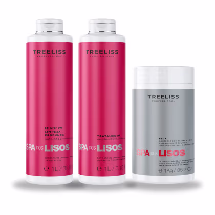 Três produtos da linha TreeLiss Profissional para cabelos. Dois frascos de 1 litro cada com shampoo e tratamento para alinhamento dos fios. O terceiro produto é uma embalagem cinza de 1kg contendo um tratamento para controle de volume e frizz.