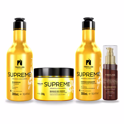 Produtos de cuidados capilares da linha Supreme da marca TreeLiss Profissional. Inclui dois frascos de 300ml contendo shampoo e condicionador. Um pote de 250g com banho de verniz para recuperação e hidratação capilar. Um frasco de 75ml com sérum capilar.