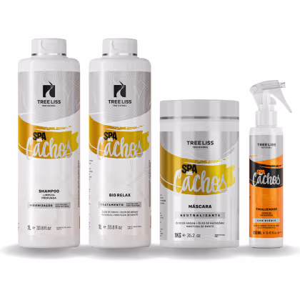 Produtos de tratamento capilar TreeLiss Profissional da linha "Spa dos Cachos". Inclui dois frascos de 1 litro de shampoo e tratamento. Uma embalagem de 1kg de máscara capilar neutralizante, e um frasco de 250ml de finalizador em spray.