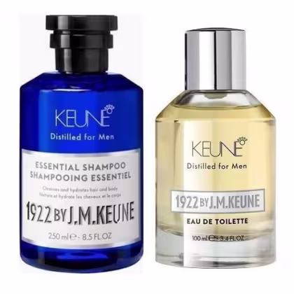 A imagem mostra dois produtos da marca Keune para homens. À esquerda, um frasco azul escuro de shampoo de 250ml. À direita, um frasco transparente de eau de toilette de 100 ml. O frasco é cilíndrico com tampa prateada.