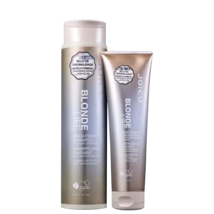 A imagem mostra produtos Joico Blonde Life: um shampoo e um condicionador, com embalagens em tom dourado prateado e branco. As embalagens apresentam o logotipo Joico e informações do produto.
