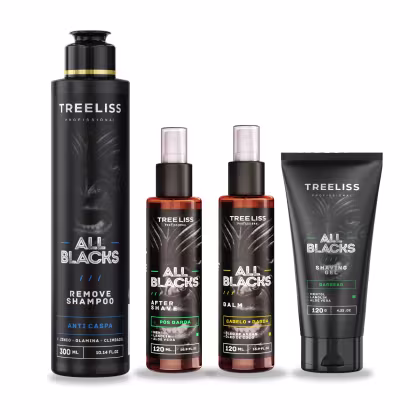 Produtos de cuidado capilar e barbear da linha All Blacks da marca TreeLiss Profissional. Inclui um shampoo anti-caspa de 300ml, um bálsamo Cabelo+Barba de 120ml, um pós barba de 120ml e um gel de barbear de 120g.