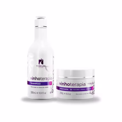 Shampoo e máscara para cabelos da linha Vinhoterapia da marca TreeLiss Profissional. O shampoo vem em uma embalagem de 300ml, com detalhes em roxo e o logotipo da marca. A máscara está em um pote de 250g, também com detalhes em roxo e o logotipo.