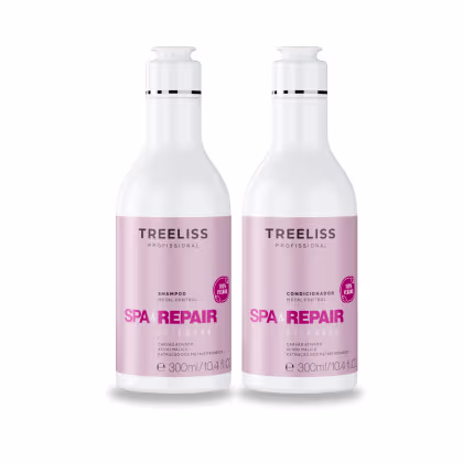 Shampoo e condicionador da linha Spa & Repair Metal Control da marca Treeliss Profissional, cada um com 300ml cada
