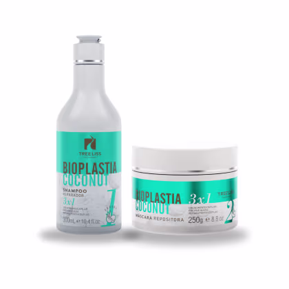 Shampoo 300ml em frasco branco e máscara 250g em pote branco. Ambos com rótulo turquesa e marrom.