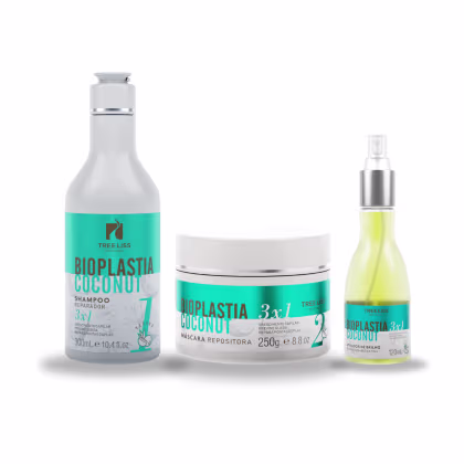 Shampoo 300ml em frasco branco, máscara 250g em pote branco, garrafa de óleo capilar 120ml transparente. Todos com rótulo turquesa e marrom.