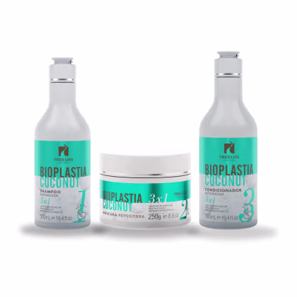 Dois frascos plásticos brancos de 300ml cada, com rótulos turquesa e marrom, um identificado como shampoo reparador e o outro como condicionador reparador. Um pote 250g de máscara capilar, branco com rótulo turquesa.