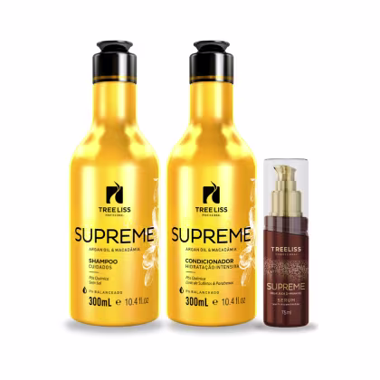 Linha de cuidados capilares da marca TreeLiss Profissional chamada "Supreme". Inclui dois frascos de plástico amarelos de 300ml cada, um contendo shampoo e o outro condicionador. Há também um frasco menor de 75ml com um sérum de cor marrom escuro.