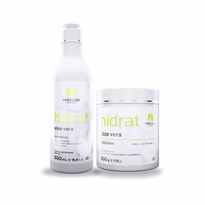 Produtos de tratamento capilar da linha Hidrat da marca TreeLiss Profissional. Um shampoo concentrado de aloe vera em frasco plástico transparente de 500ml. Uma máscara ou tratamento pré/pós-químico de aloe vera em pote plástico branco de 500g.