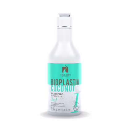 Shampoo de cabelo TreeLiss Profissional Bioplastia Coconut Shampoo Reparador 3 em 1. Frasco plástico com tampa branca, contendo 300ml ou 10,4 fl oz de produto.