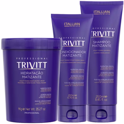 Produtos de cuidado capilar da marca Itallian Hairtech. Linha Trivitt composta por shampoo matizante de 250ml, condicionador matizante de 200ml e máscara hidratação matizante violeta em pote plástico roxo de 1kg.
