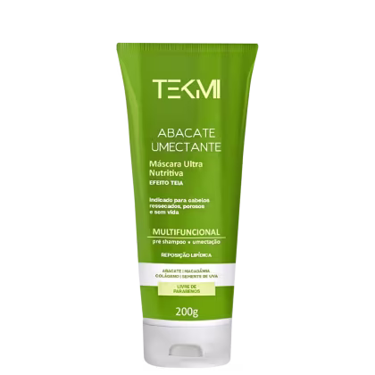 Tubo verde, com detalhes em branco e escrita branca e verde claro, informando que é uma máscara ultra nutritiva da marca Tekmi Cosméticos, da linha Abacate Umectante. Contém 200g do produto.