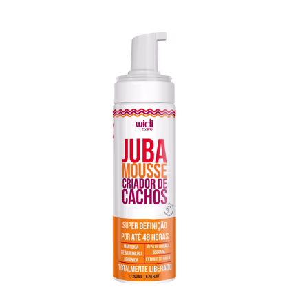 Embalagem plástica branca com bomba doseadora. Rótulo vermelho, laranja e roxo com texto em português descrevendo o produto como "Super Definição por até 48 horas" e listando ingredientes como manteiga de murumuru, óleo de linhaça dourada.